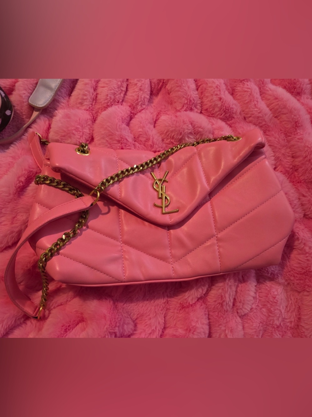 Saint Laurent Pink Quilted Leather Shoulder Bag with Gold Chain
